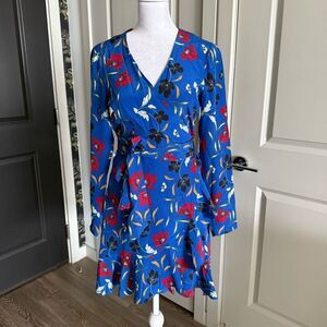Intermix 100% Silk Blue Floral Long Sleeve Wrap Mini Dress Size XS